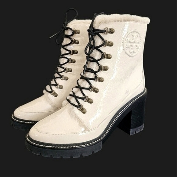 Tory Burch Miller Shearling Lug Sole Bootie Boots SPAIN Brie Leather Fur Lining - Picture 1 of 12